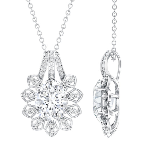 Certified 2 Carat Oval Moissanite Vintage Necklace with Silver Chain