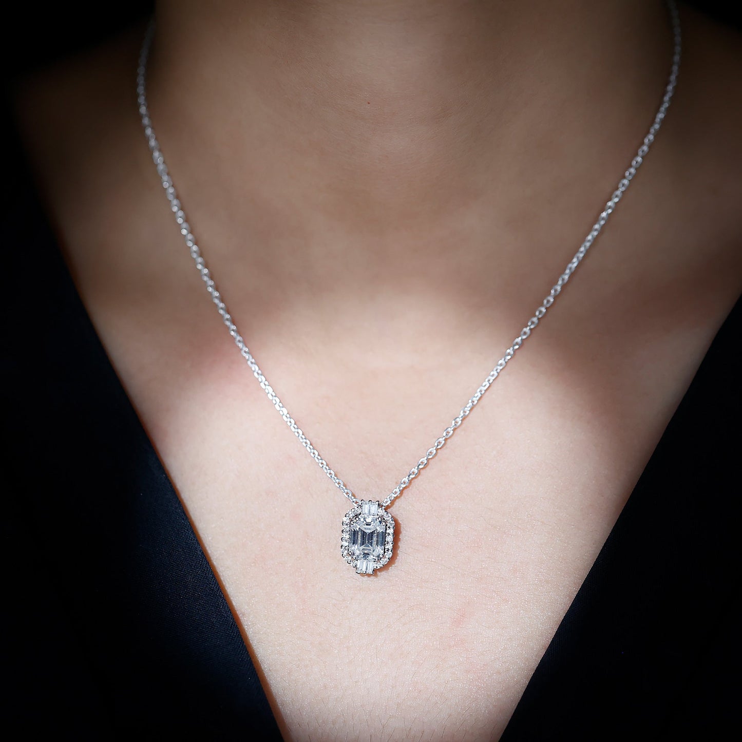Vintage Inspired 2.8 Carat Emerald Cut Moissanite Halo Necklace