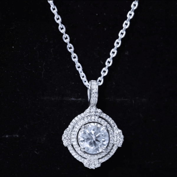 Certified 2 Carat Moissanite Double Halo Necklace with Silver Chain