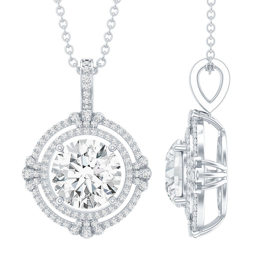 Certified 2 Carat Moissanite Double Halo Necklace with Silver Chain