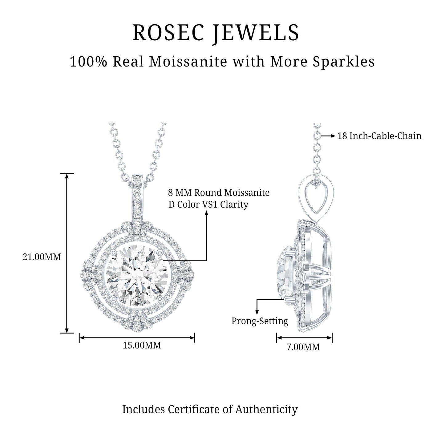 Certified 2 Carat Moissanite Double Halo Necklace with Silver Chain