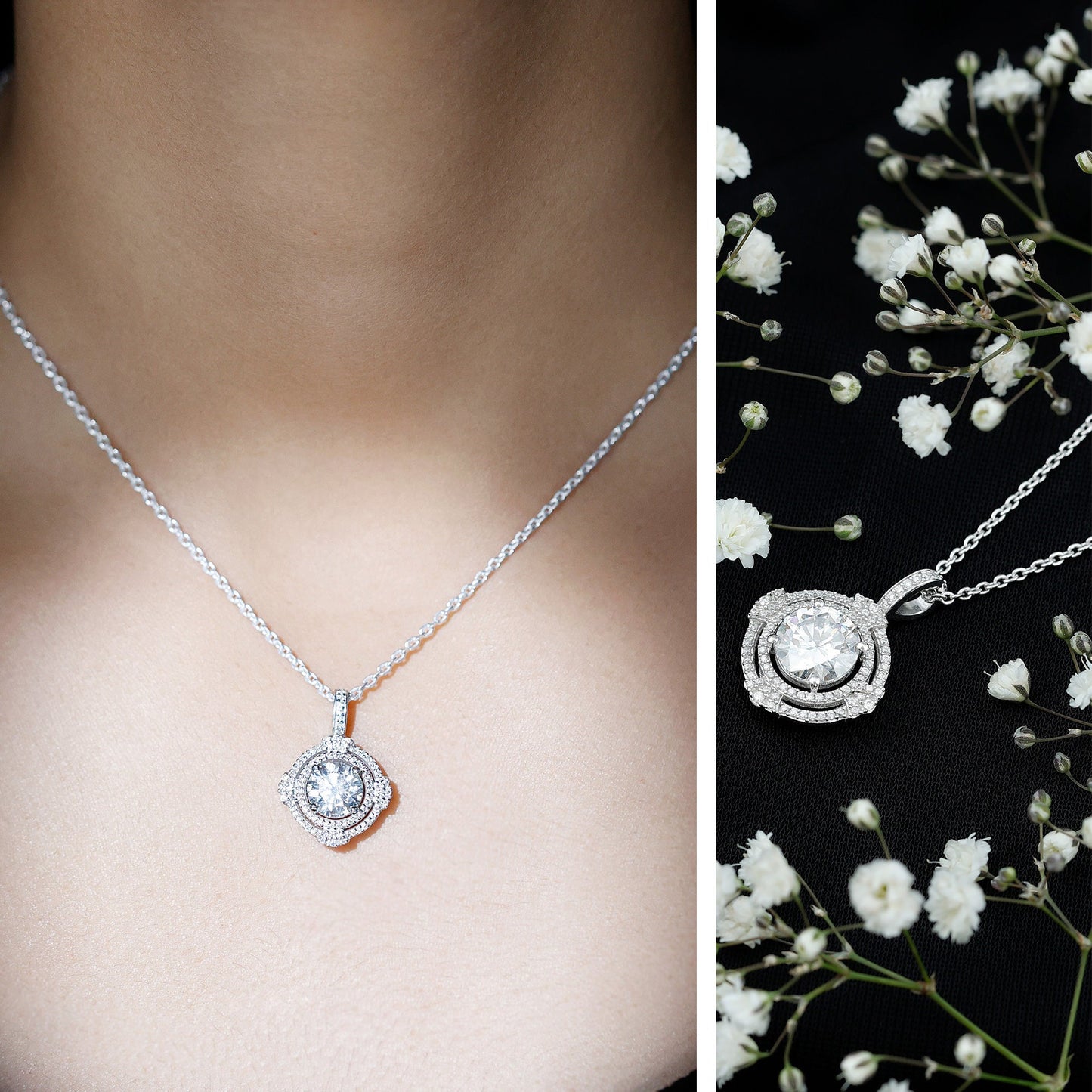 Certified 2 Carat Moissanite Double Halo Necklace with Silver Chain
