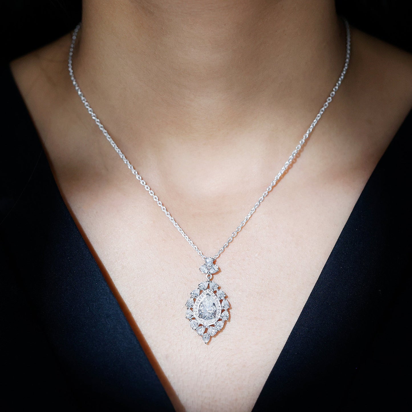 Certified 2.2 Carat Pear Shaped Moissanite Bridal Necklace with Silver Chain