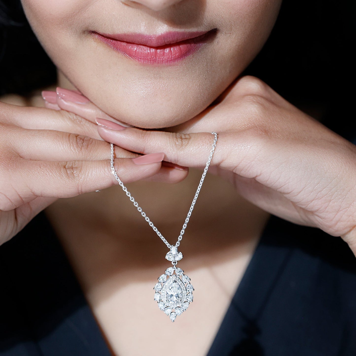 Certified 2.2 Carat Pear Shaped Moissanite Bridal Necklace with Silver Chain