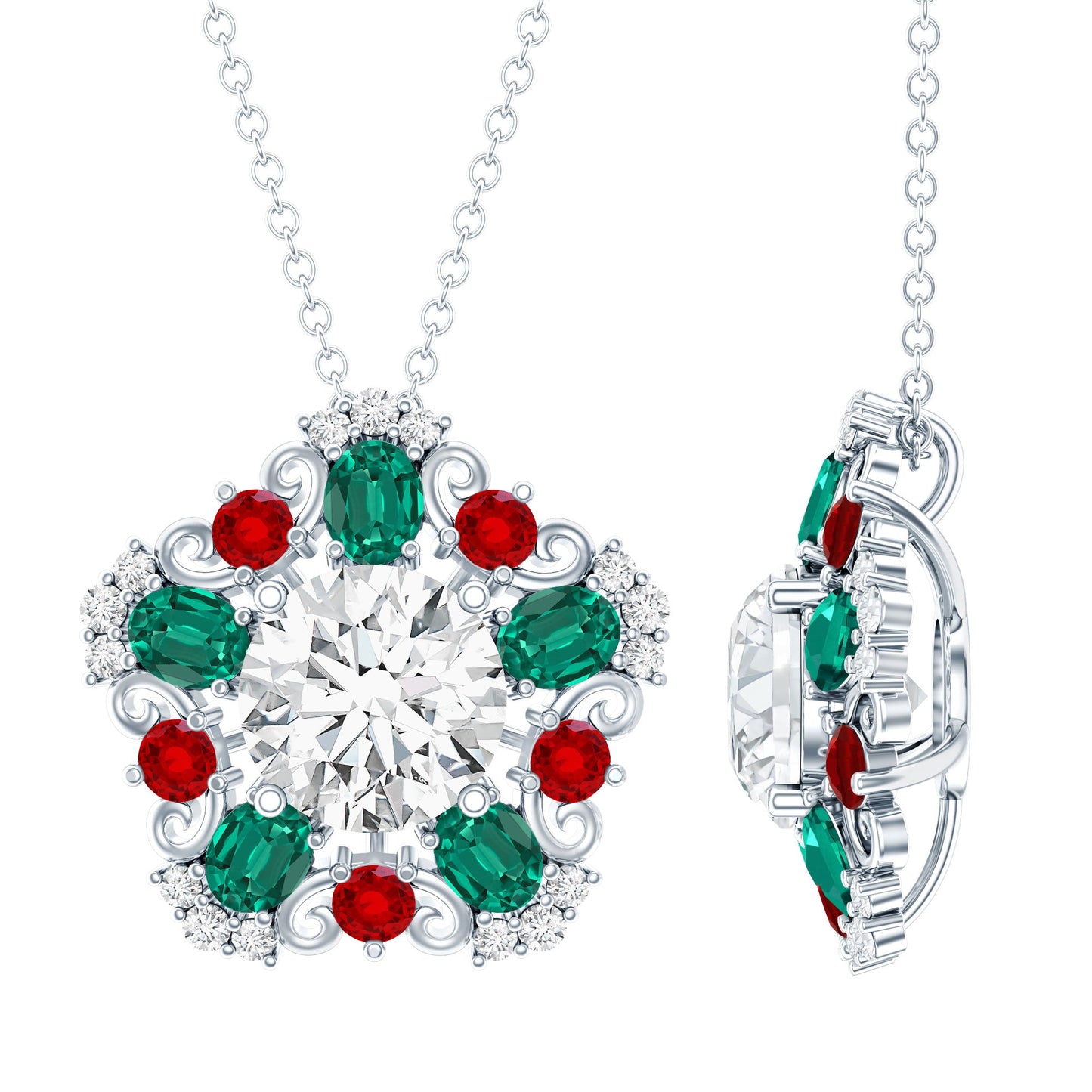 Certified 2 Carat Moissanite Statement Necklace with Lab Ruby and Emerald
