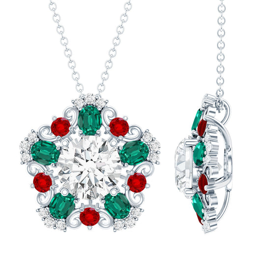 Certified 2 Carat Moissanite Statement Necklace with Lab Ruby and Emerald