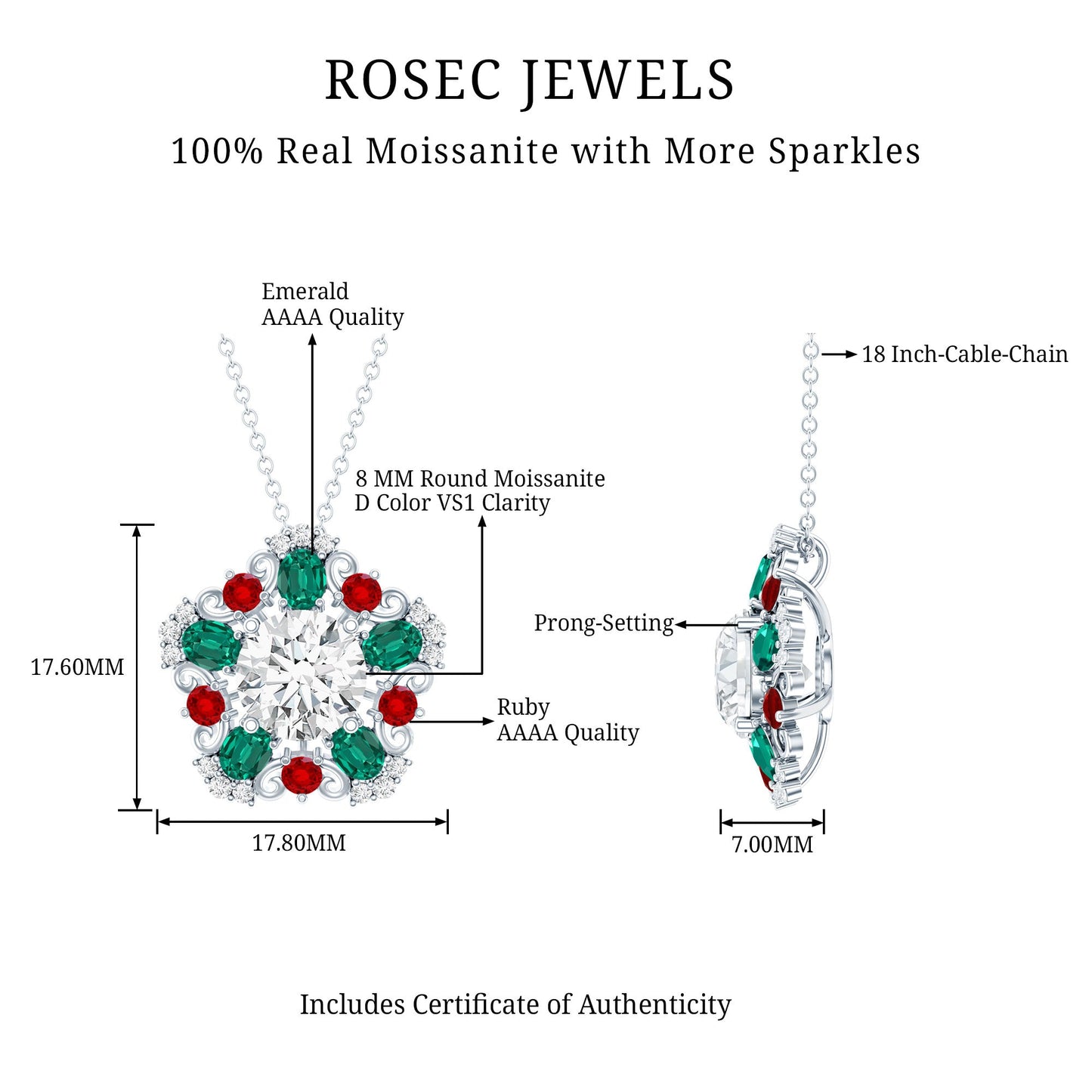 Certified 2 Carat Moissanite Statement Necklace with Lab Ruby and Emerald