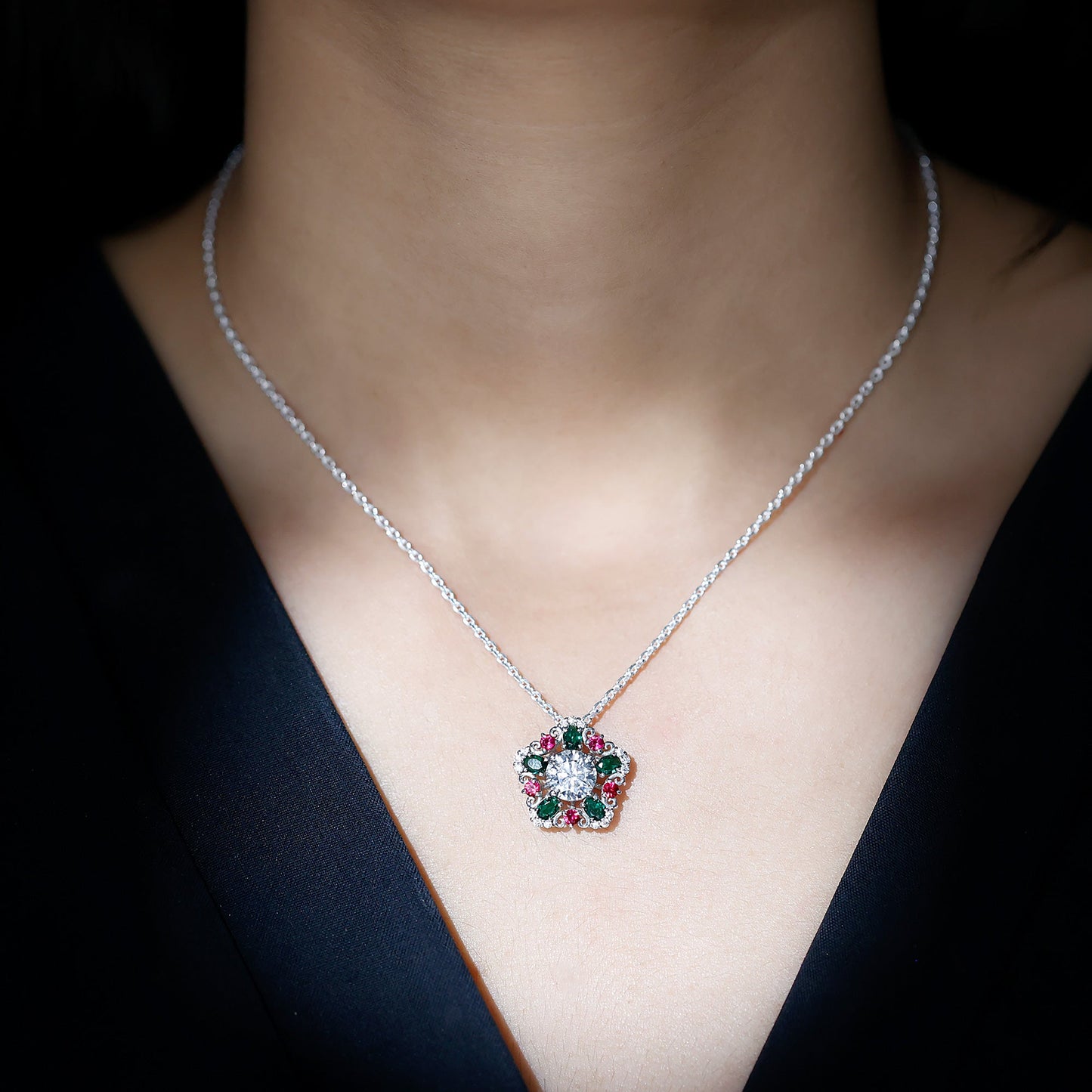 Certified 2 Carat Moissanite Statement Necklace with Lab Ruby and Emerald