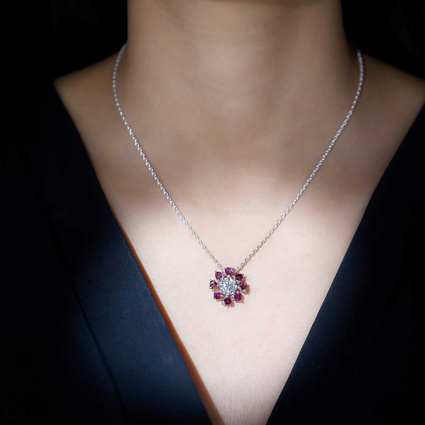 2 Carat Moissanite Designer Necklace with Rhodolite
