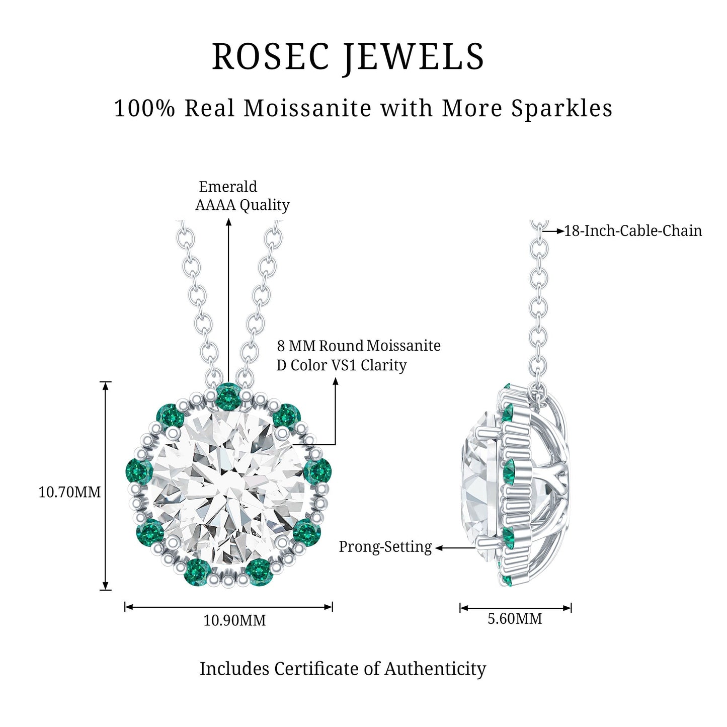 Vintage Style 2 CT Moissanite Solitaire Pendant with Lab Emerald