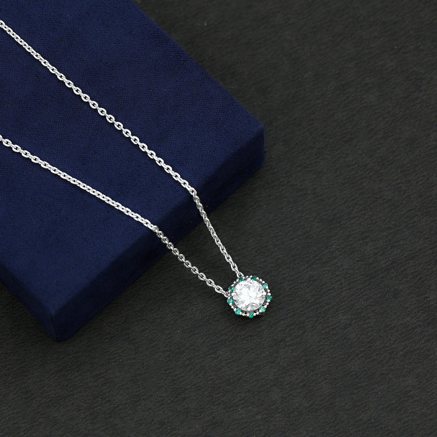 Vintage Style 2 CT Moissanite Solitaire Pendant with Lab Emerald