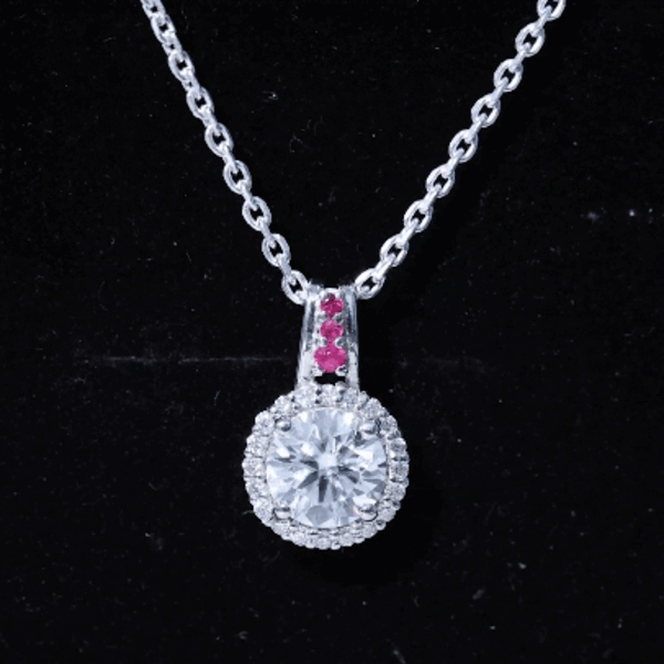 Sterling Silver 2 Carat Moissanite Halo Pendant Necklace with Ruby