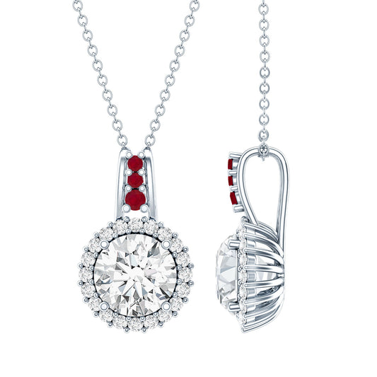 Sterling Silver 2 Carat Moissanite Halo Pendant Necklace with Ruby