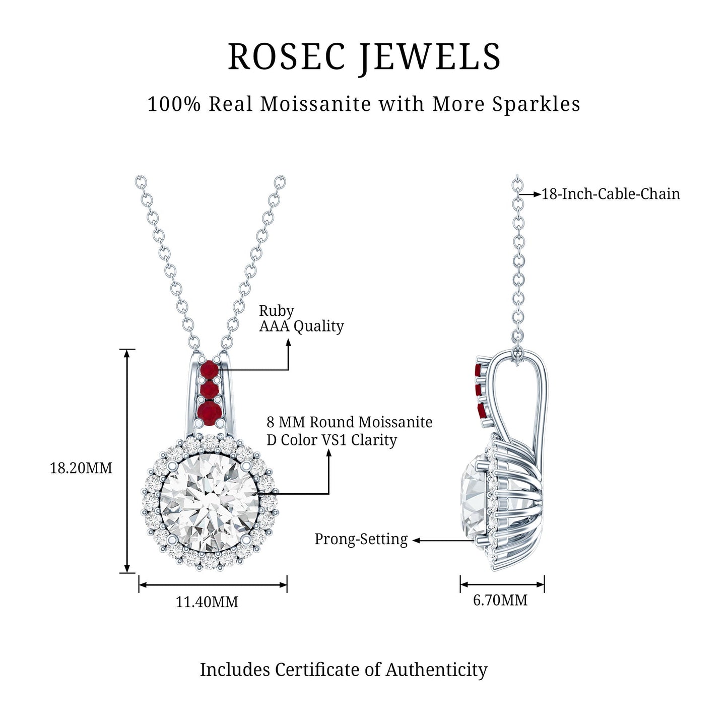 Sterling Silver 2 Carat Moissanite Halo Pendant Necklace with Ruby