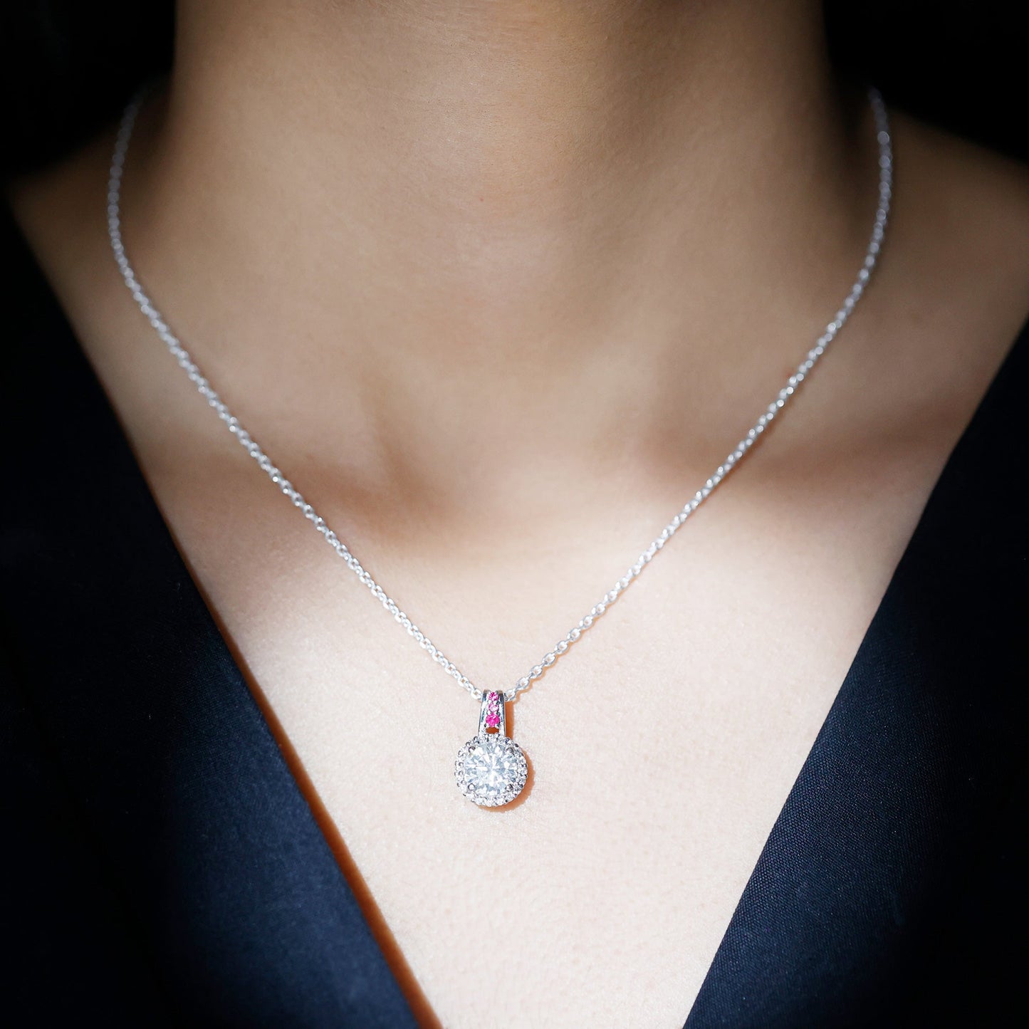 Sterling Silver 2 Carat Moissanite Halo Pendant Necklace with Ruby