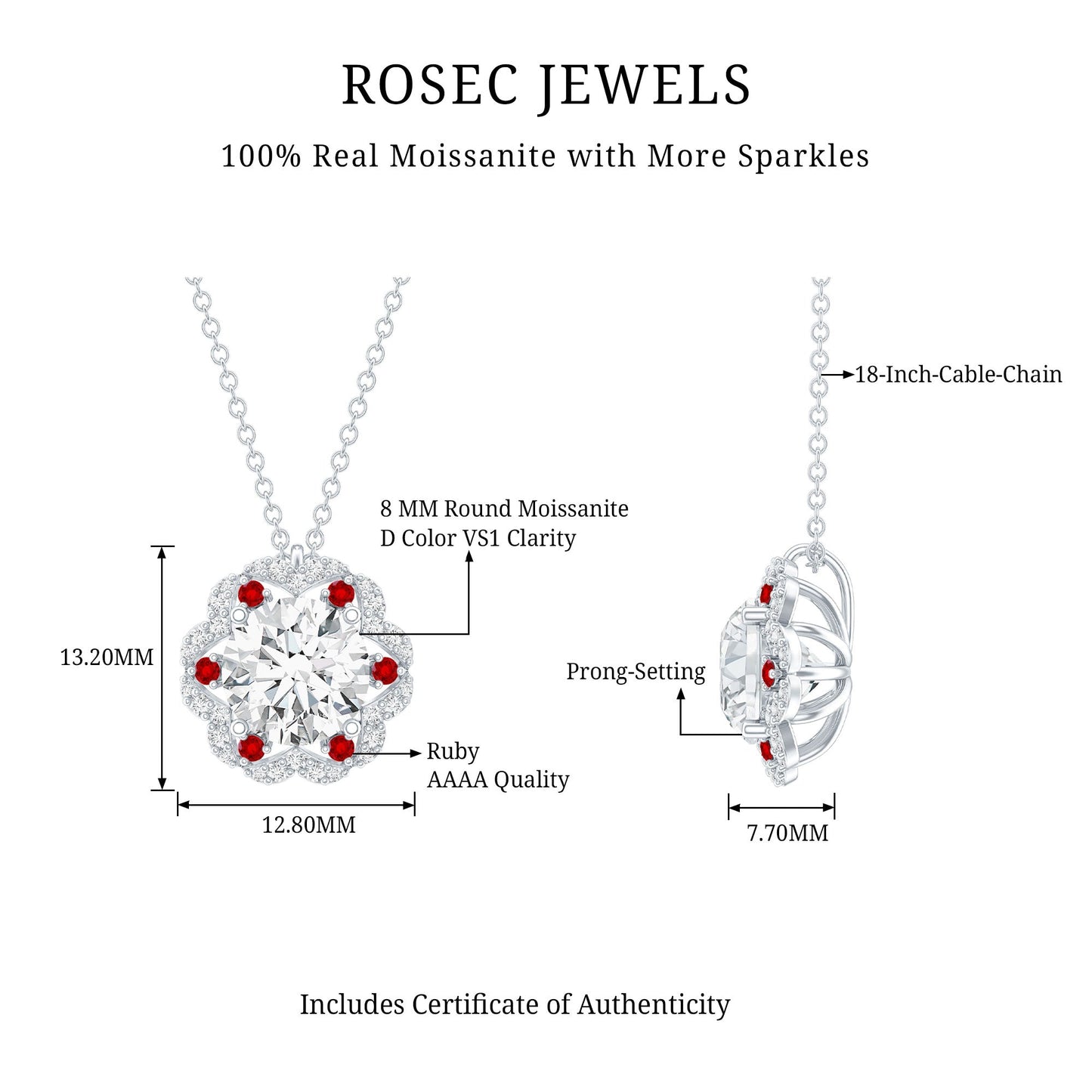 Certified 2 Carat Moissanite Statement Necklace with Lab Ruby