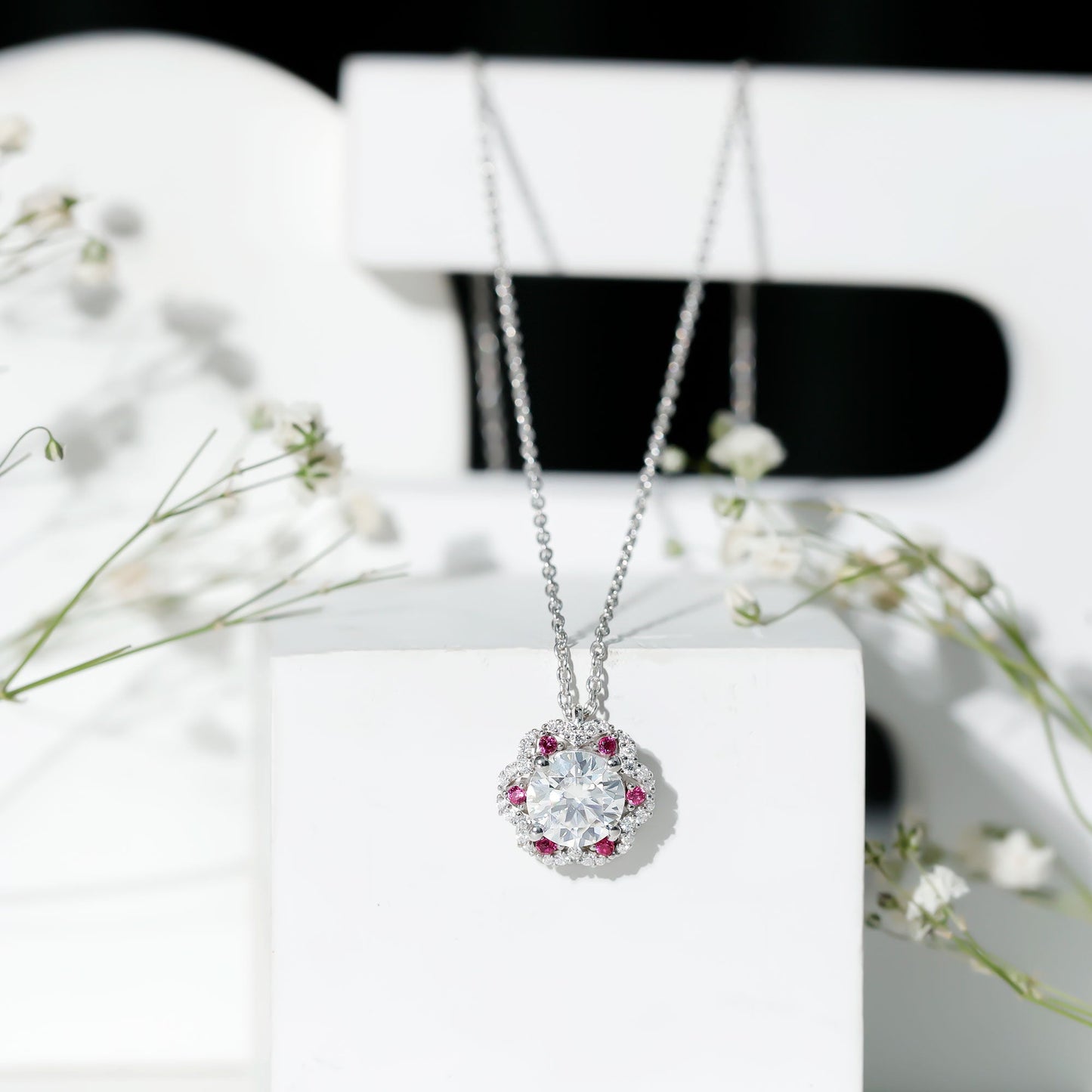 Certified 2 Carat Moissanite Statement Necklace with Lab Ruby