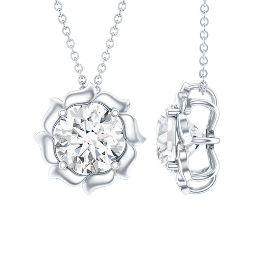 2 Carat Solitaire Moissanite Flower Pendant with Silver Chain