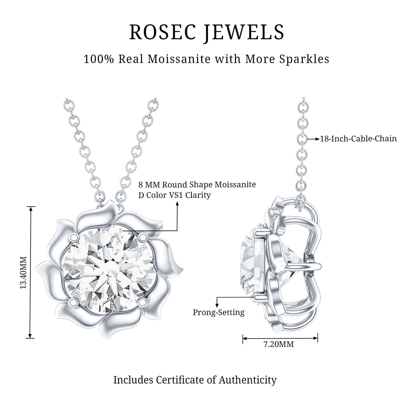 2 Carat Solitaire Moissanite Flower Pendant with Silver Chain