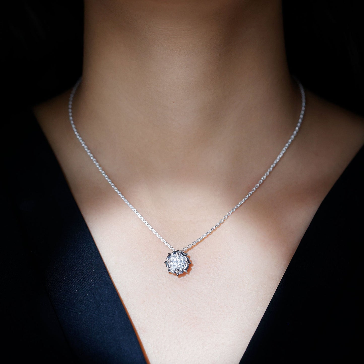 2 Carat Solitaire Moissanite Flower Pendant with Silver Chain
