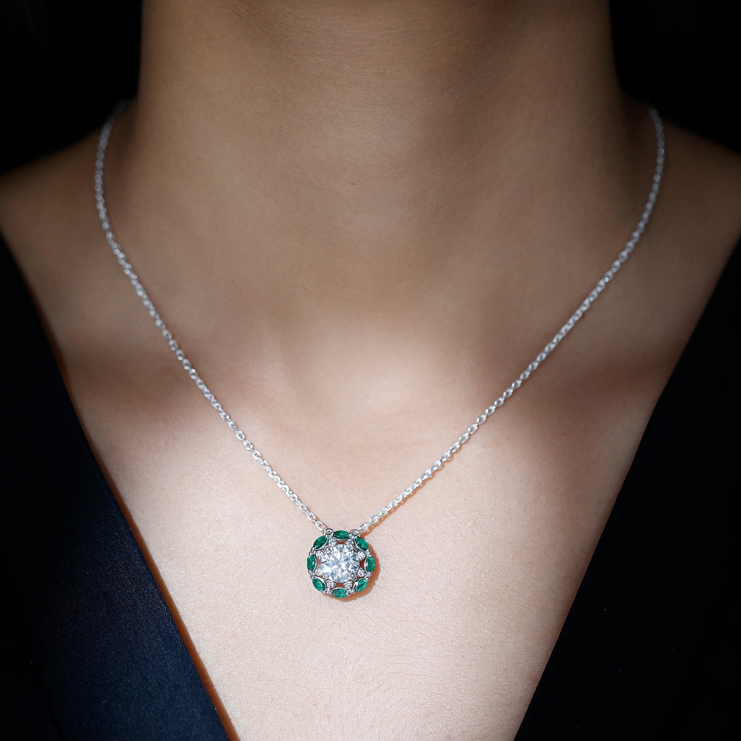 2 Carat Moissanite Statement Halo Necklace with Lab Grown Emerald