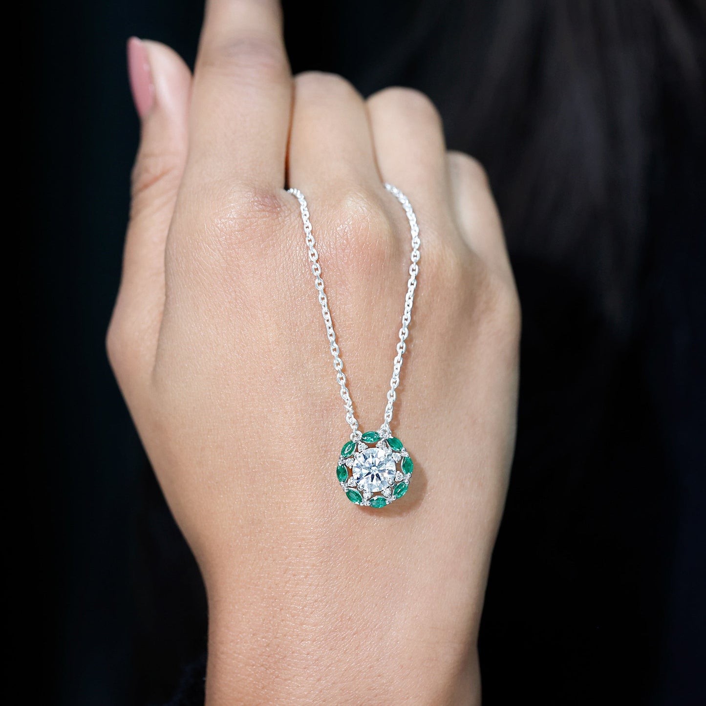 2 Carat Moissanite Statement Halo Necklace with Lab Grown Emerald