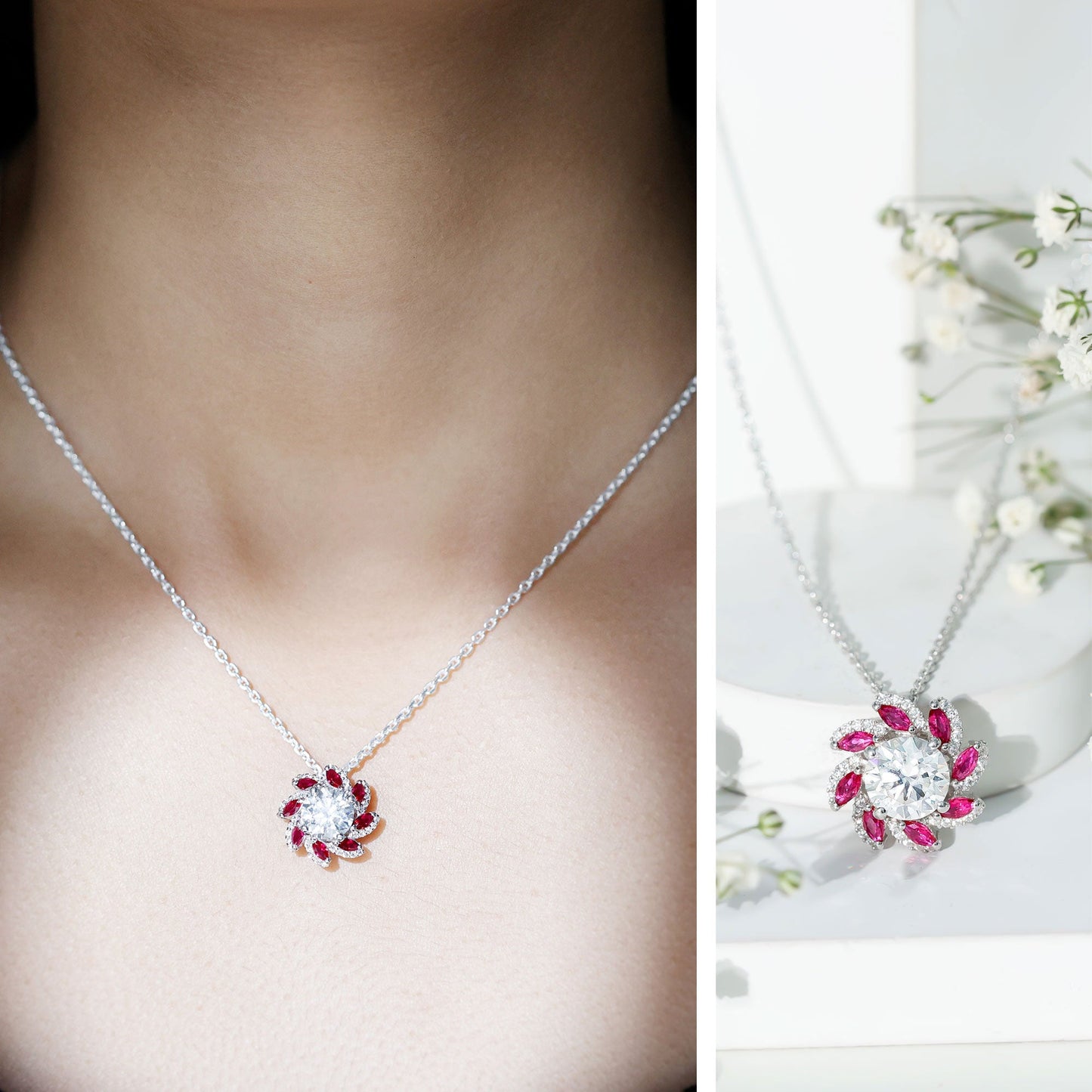 2 Carat Moissanite and Lab Ruby Flower Pendant Necklace
