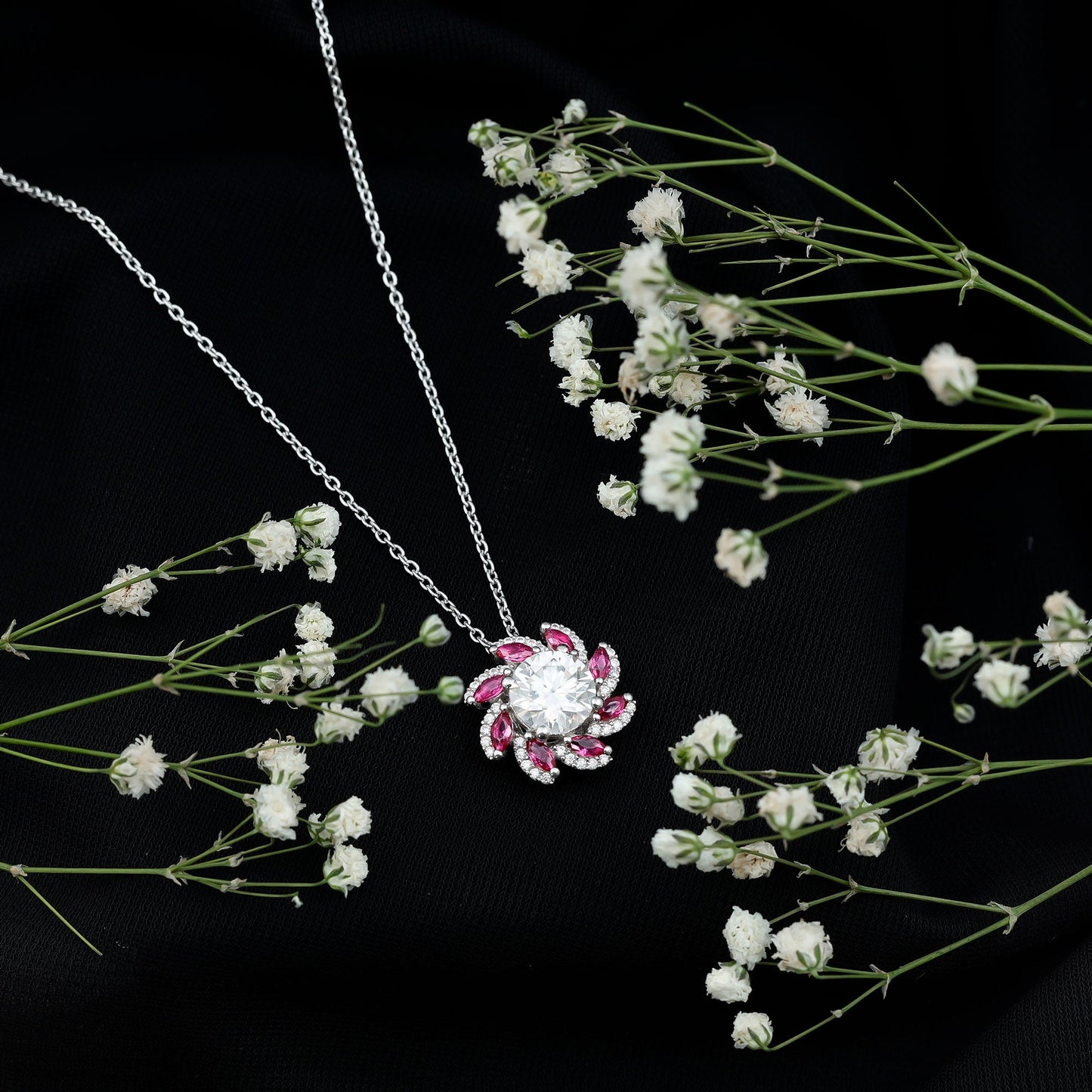 2 Carat Moissanite and Lab Ruby Flower Pendant Necklace