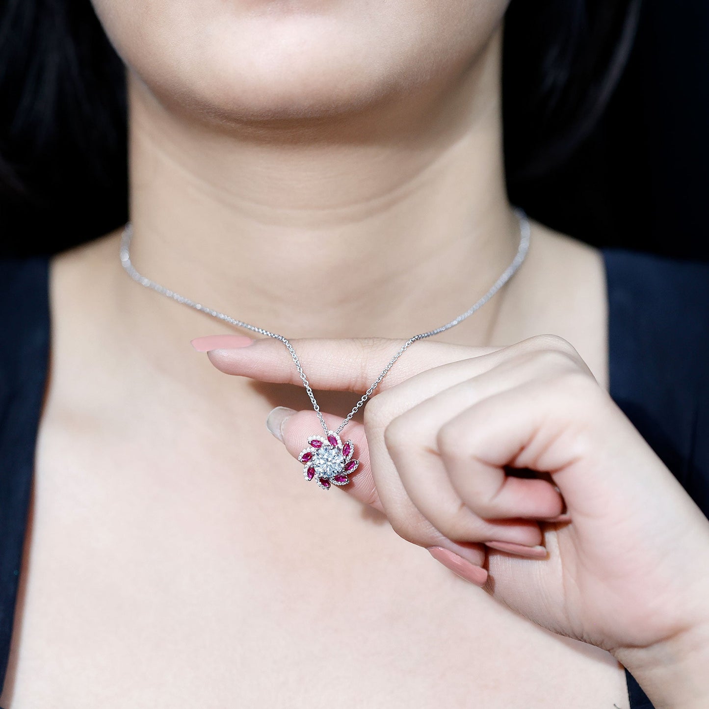 2 Carat Moissanite and Lab Ruby Flower Pendant Necklace