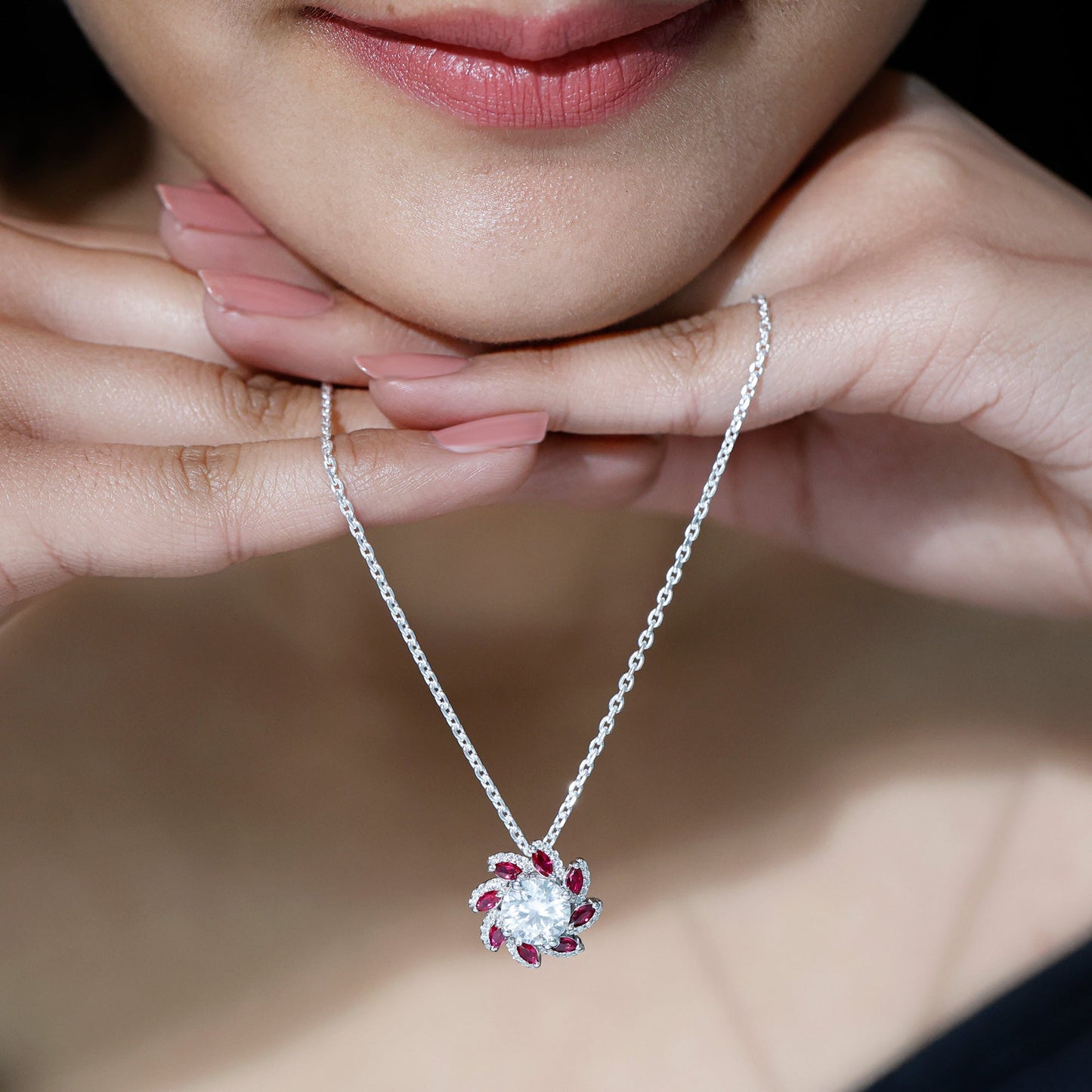 2 Carat Moissanite and Lab Ruby Flower Pendant Necklace