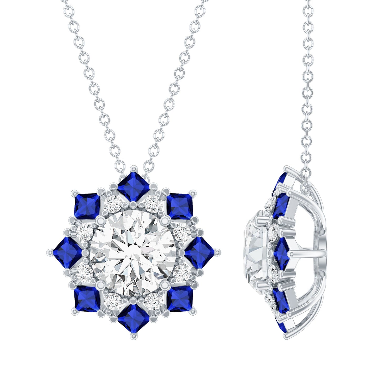 Certified 2 Carat Moissanite and Sapphire Designer Necklace with Silver Chain