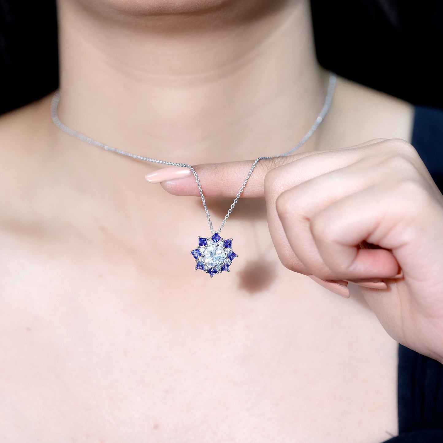 Certified 2 Carat Moissanite and Sapphire Designer Necklace with Silver Chain