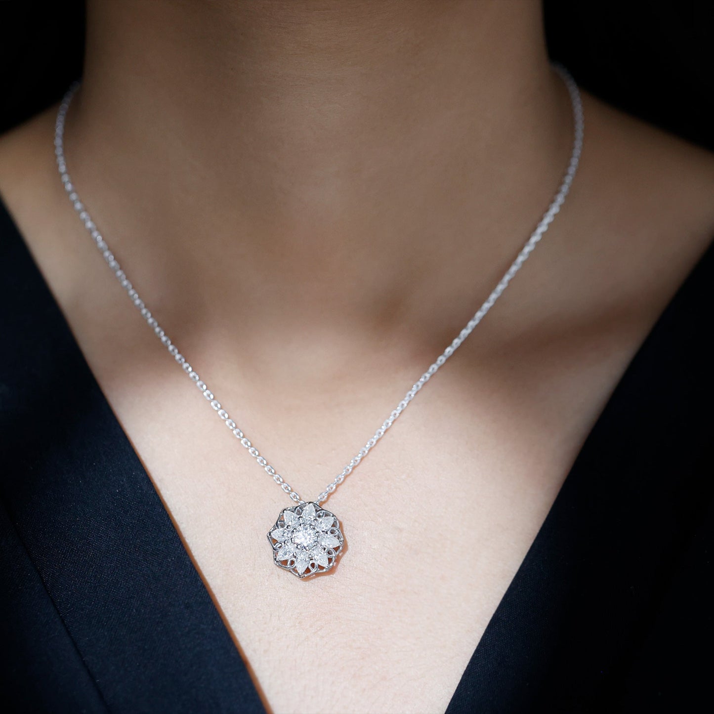 Certified Moissanite Flower Pendant Necklace with Chain
