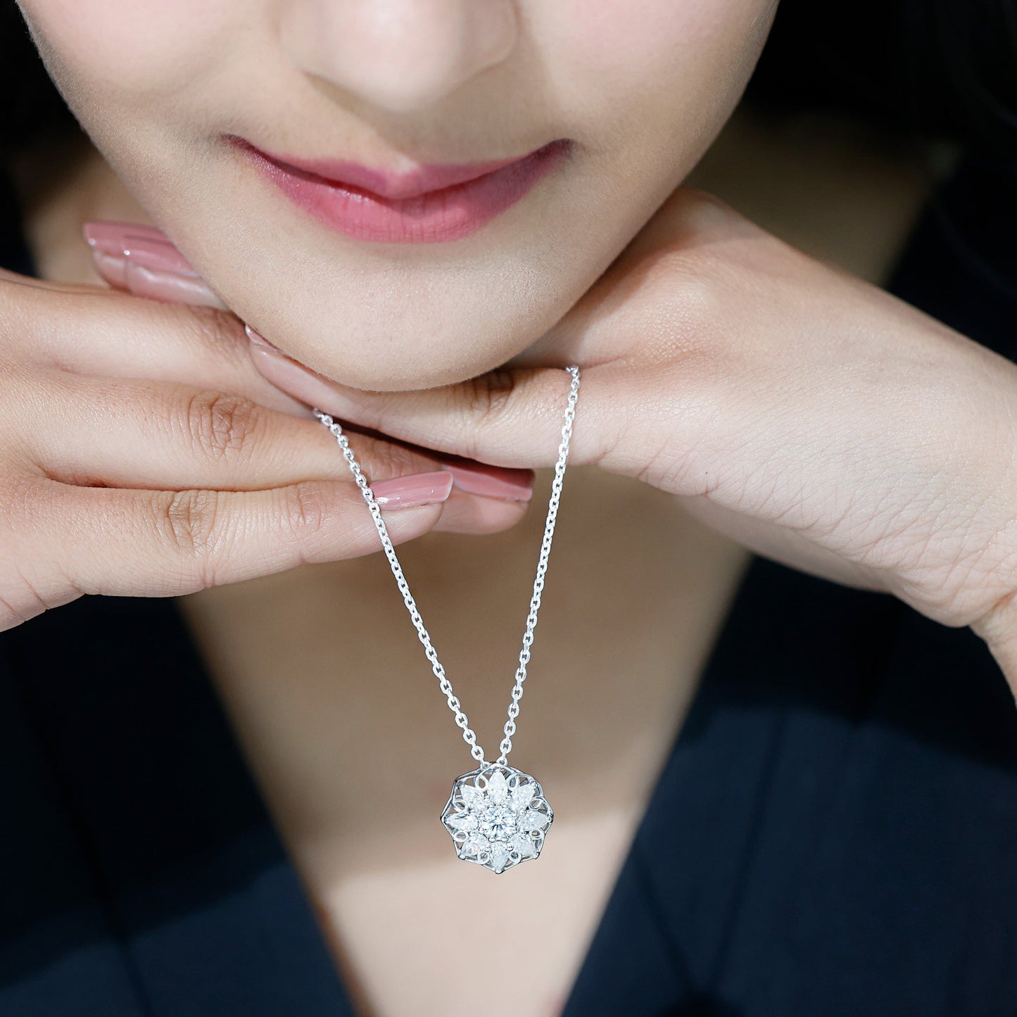 Certified Moissanite Flower Pendant Necklace with Chain