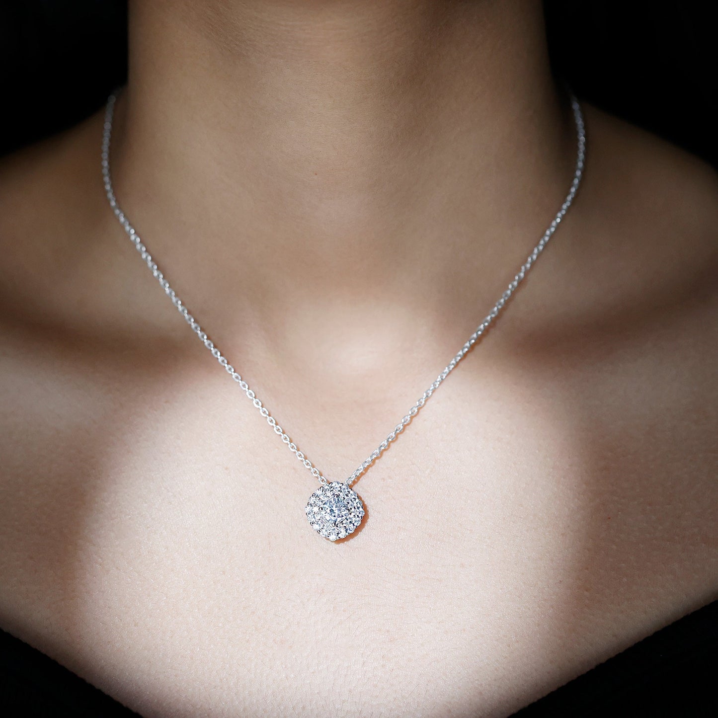 Certified Moissanite Double Halo Pendant Necklace with Silver Chain
