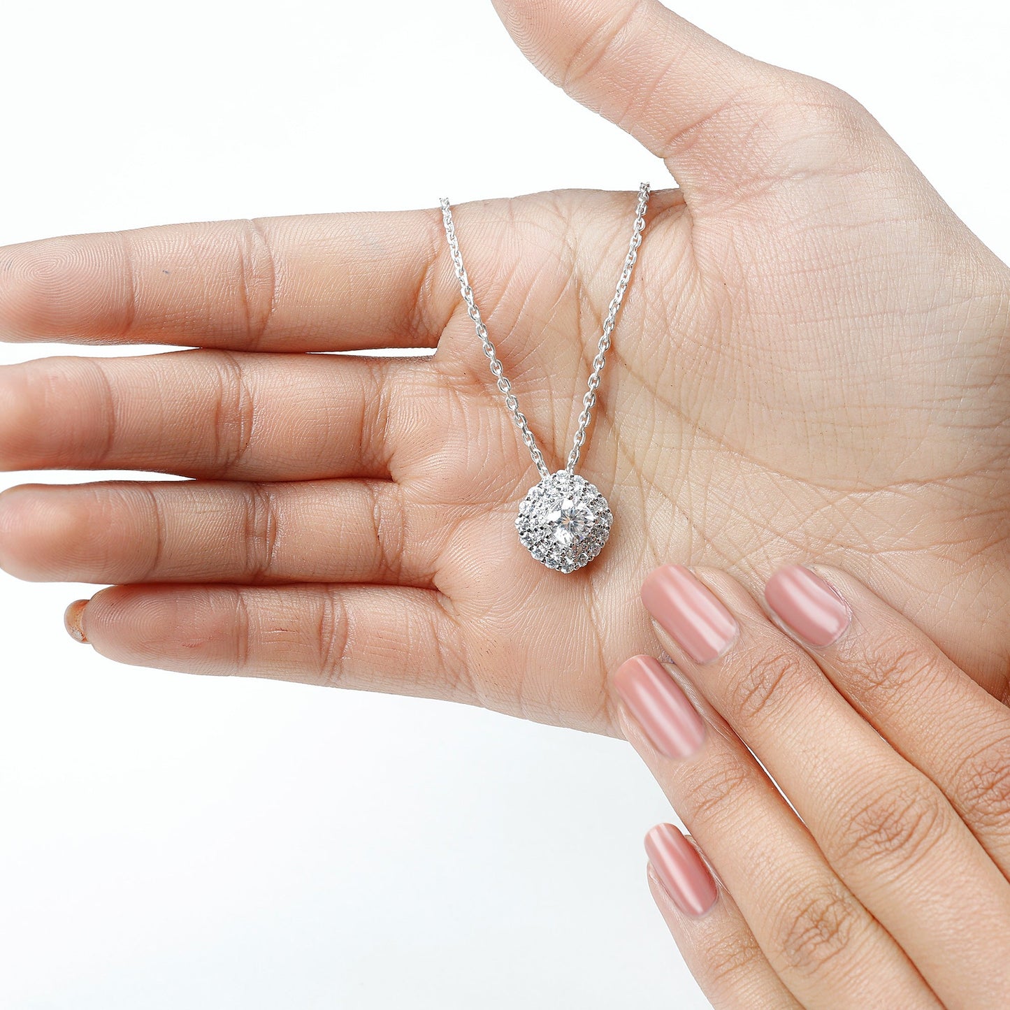 Certified Moissanite Double Halo Pendant Necklace with Silver Chain