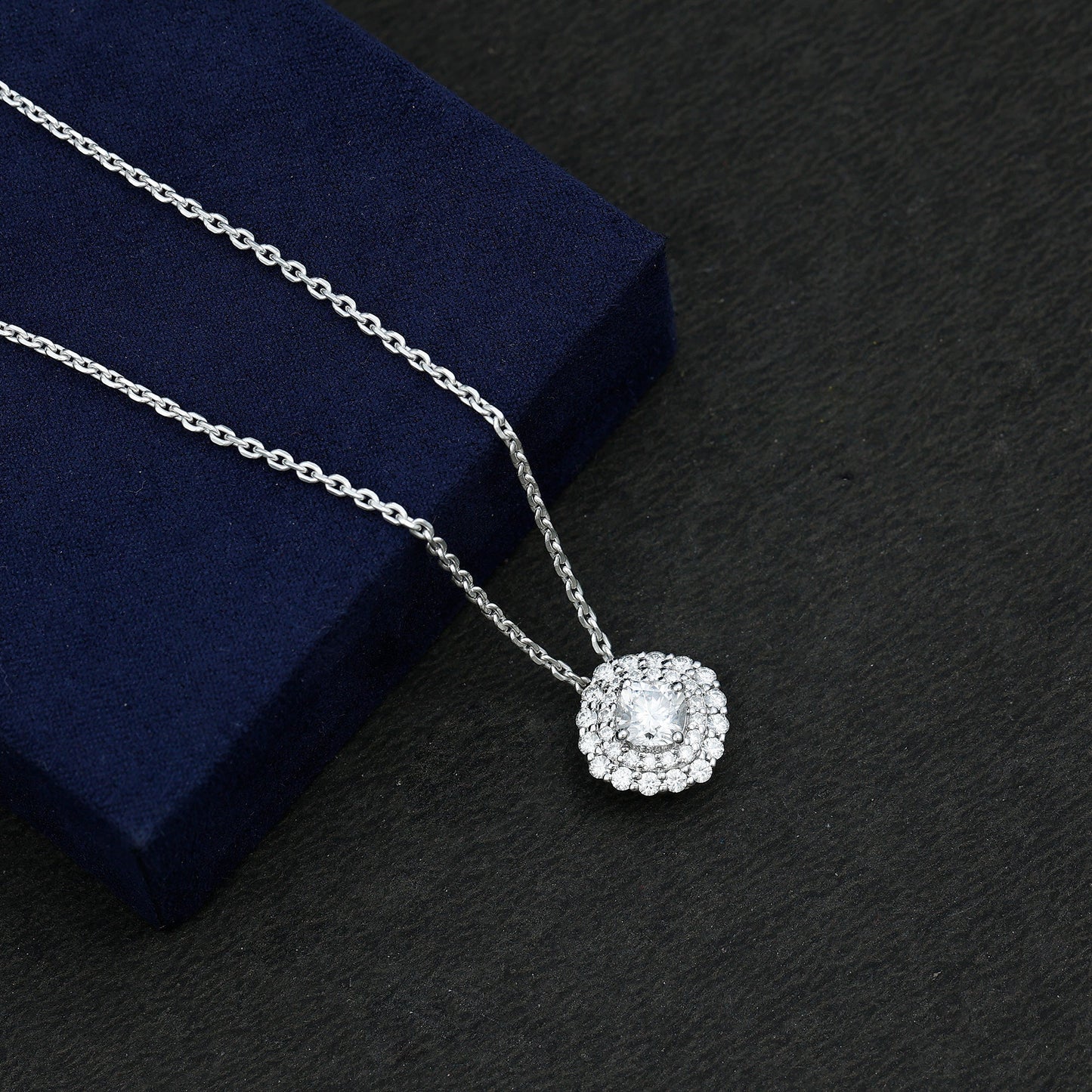 Certified Moissanite Double Halo Pendant Necklace with Silver Chain