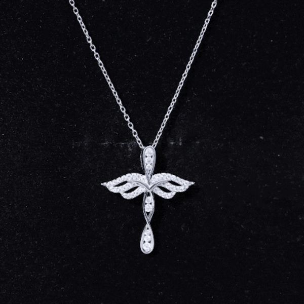 Certified Moissanite Angel Wings Cross Necklace with Silver Chain