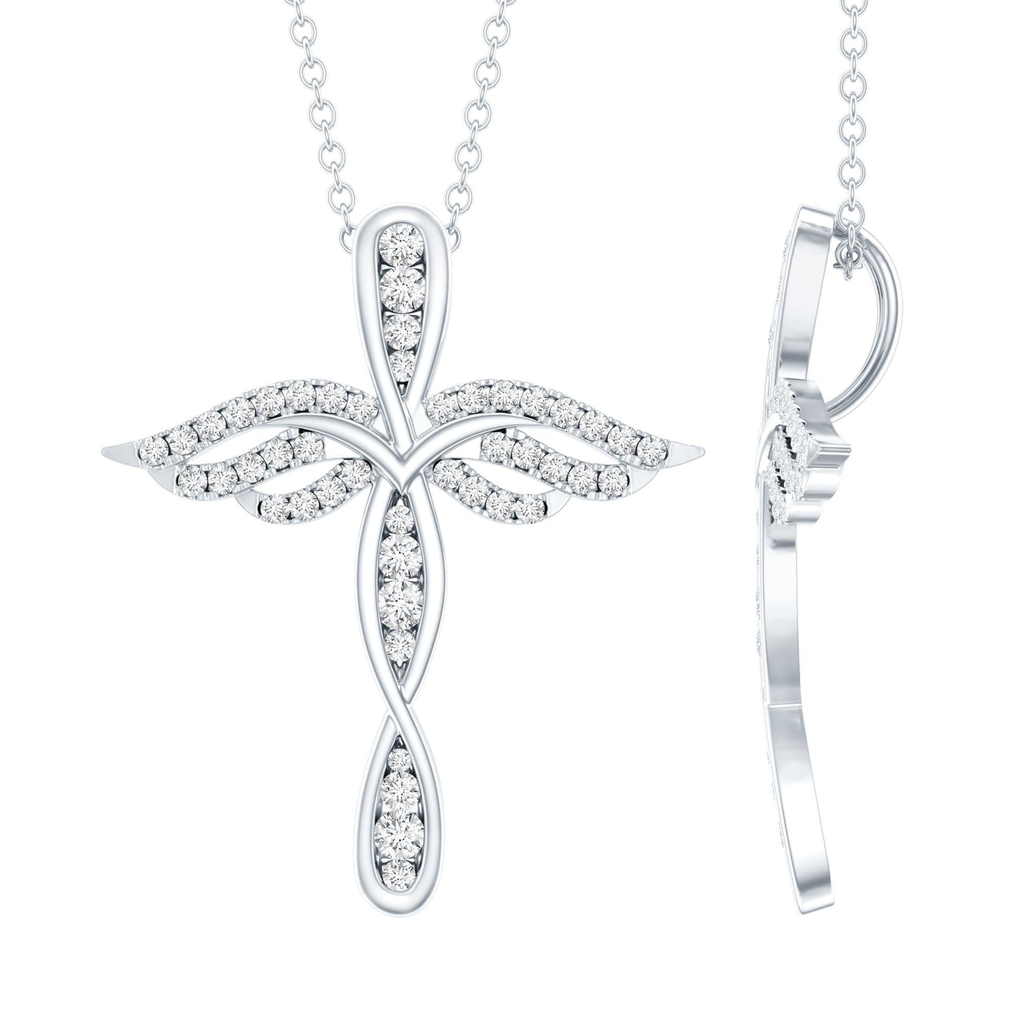 Certified Moissanite Angel Wings Cross Necklace with Silver Chain