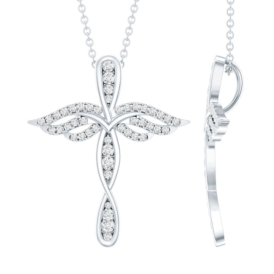 Certified Moissanite Angel Wings Cross Necklace with Silver Chain