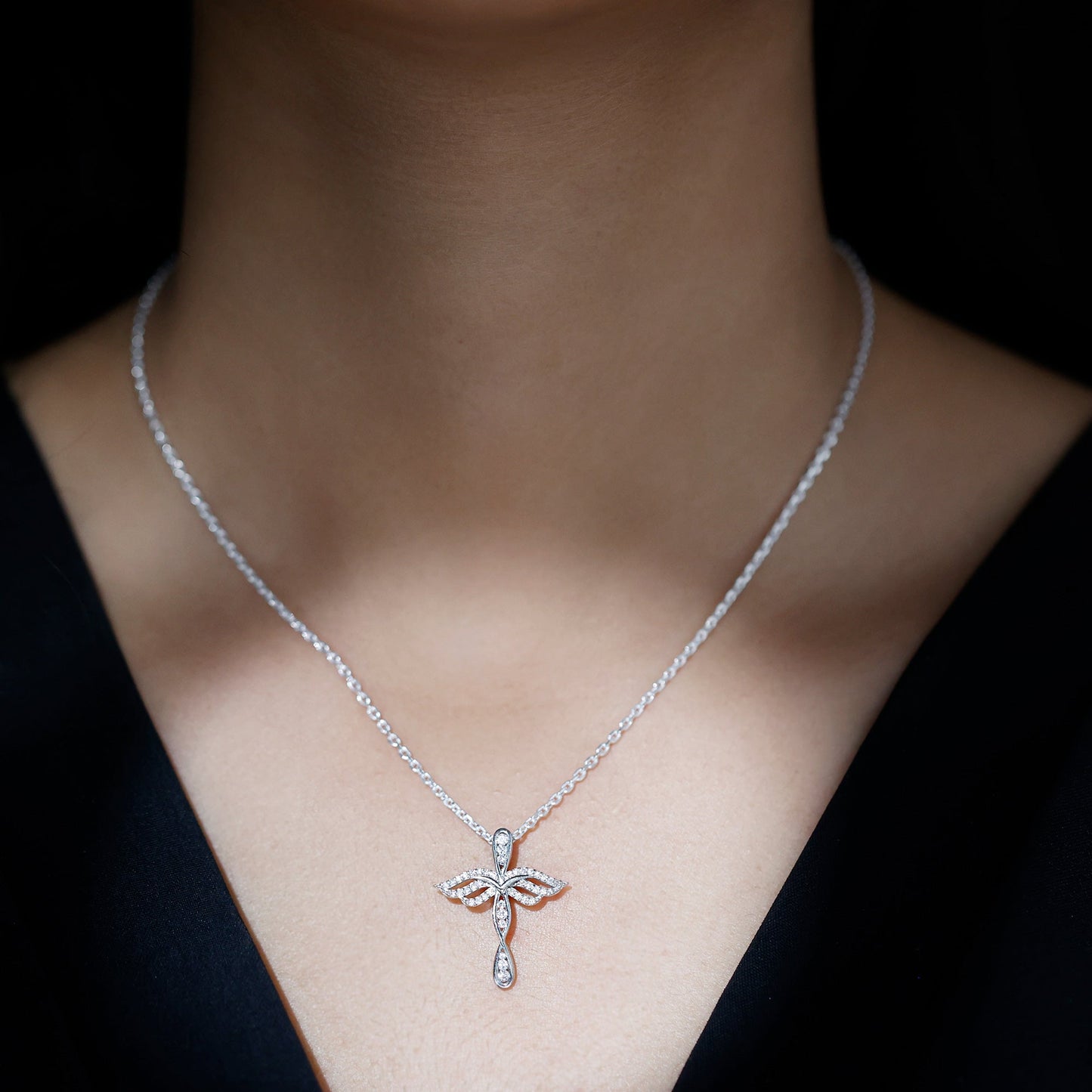 Certified Moissanite Angel Wings Cross Necklace with Silver Chain