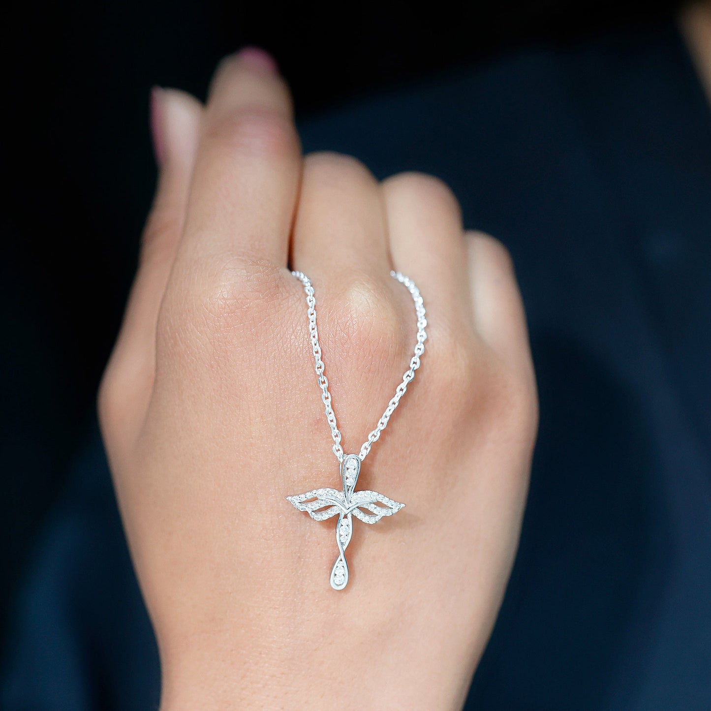 Certified Moissanite Angel Wings Cross Necklace with Silver Chain