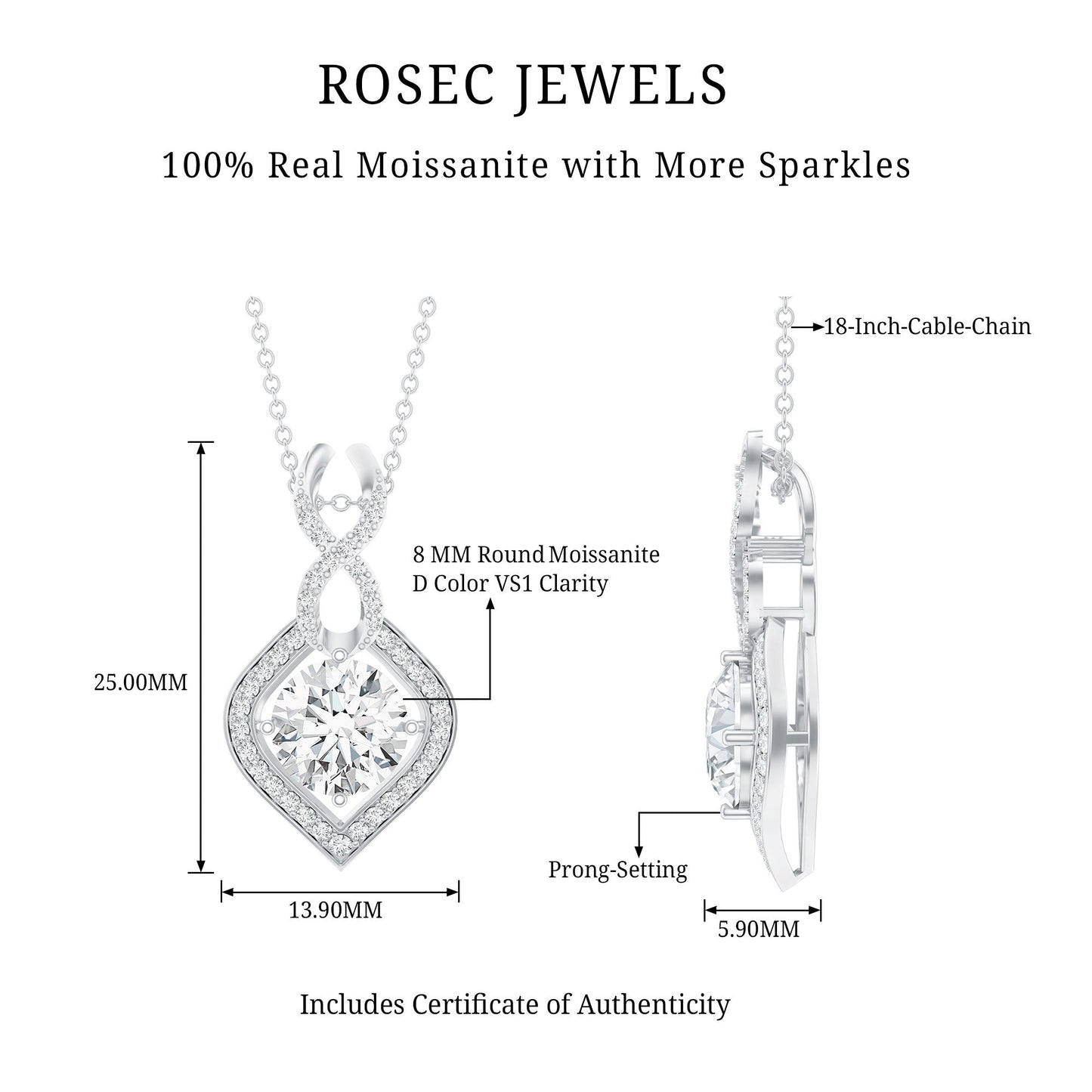 2.62 Carat Moissanite Wedding Necklace for Bride with Silver Chain