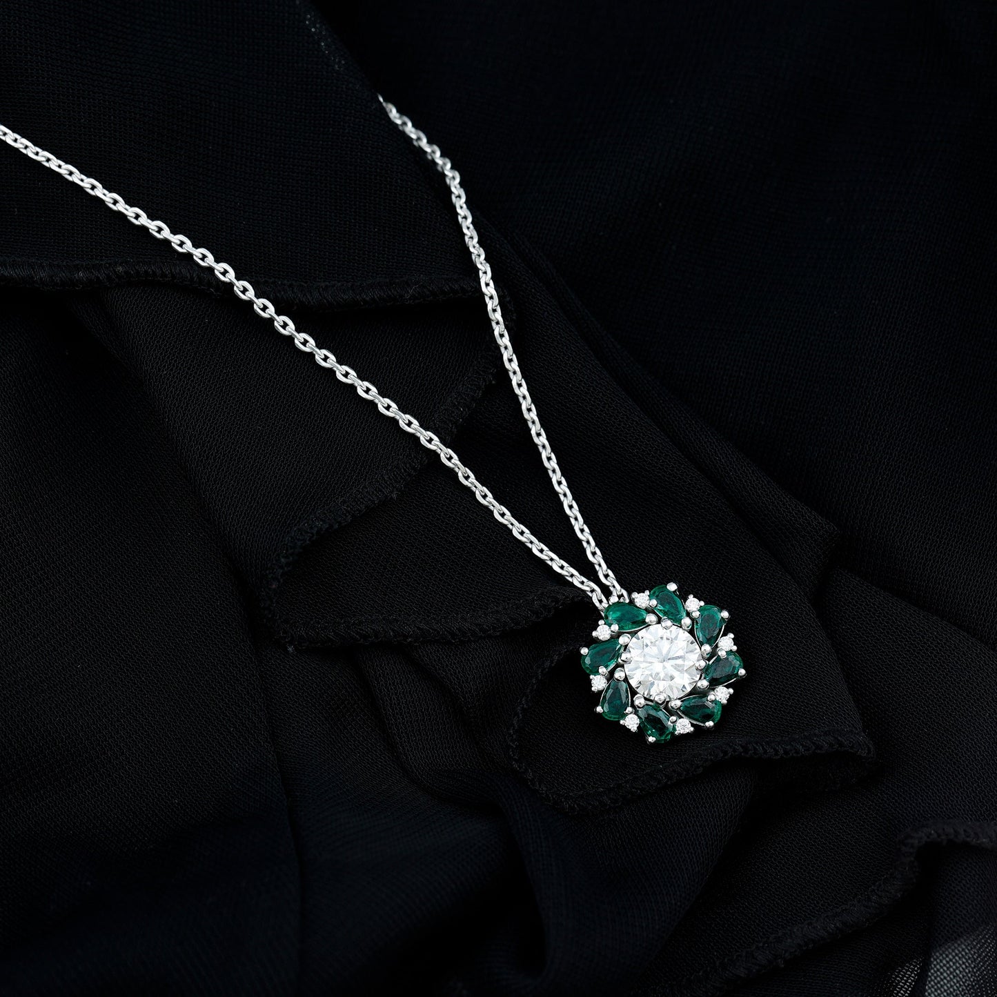 Certified 2 Carat Moissanite and Lab Emerald Flower Necklace in Silver