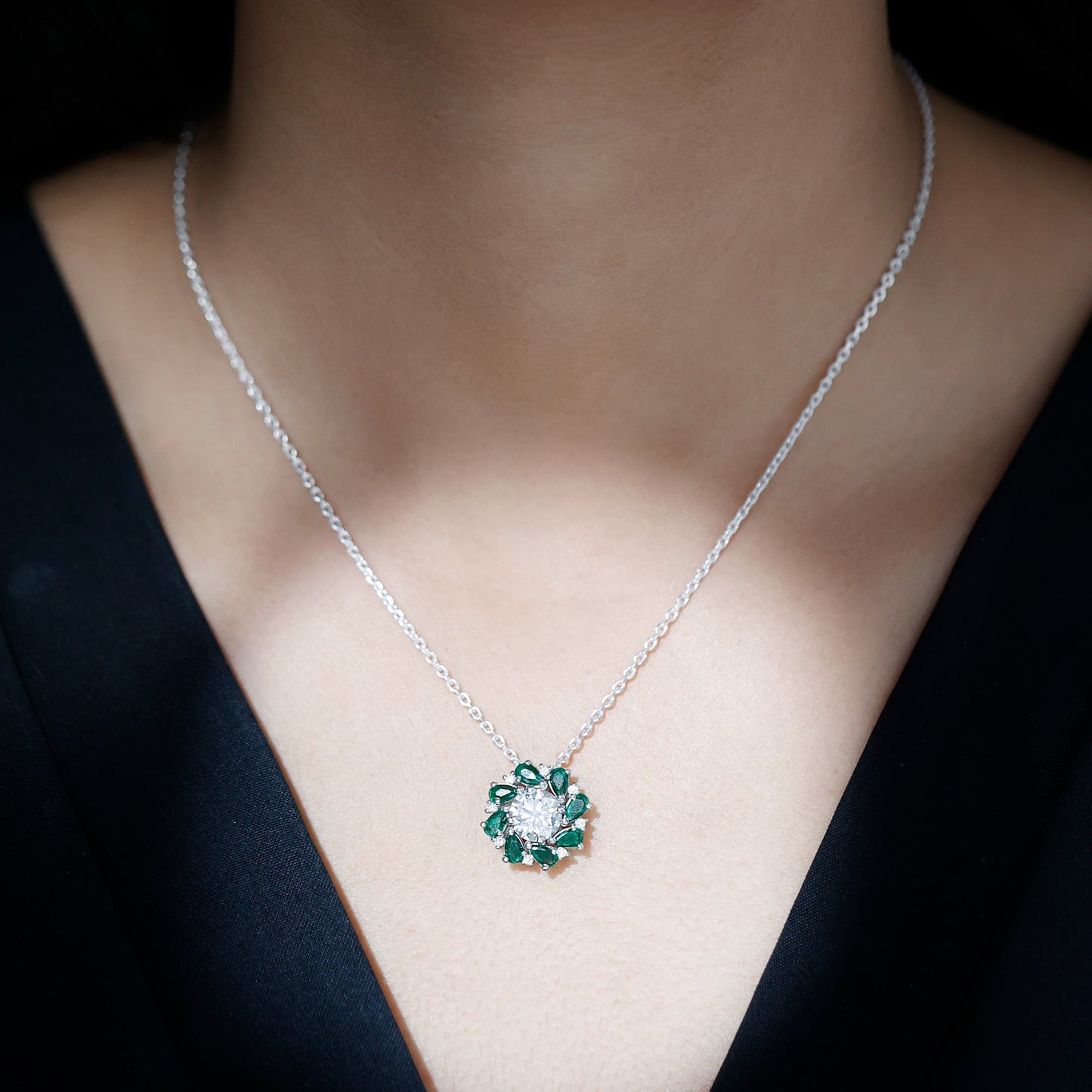 Certified 2 Carat Moissanite and Lab Emerald Flower Necklace in Silver