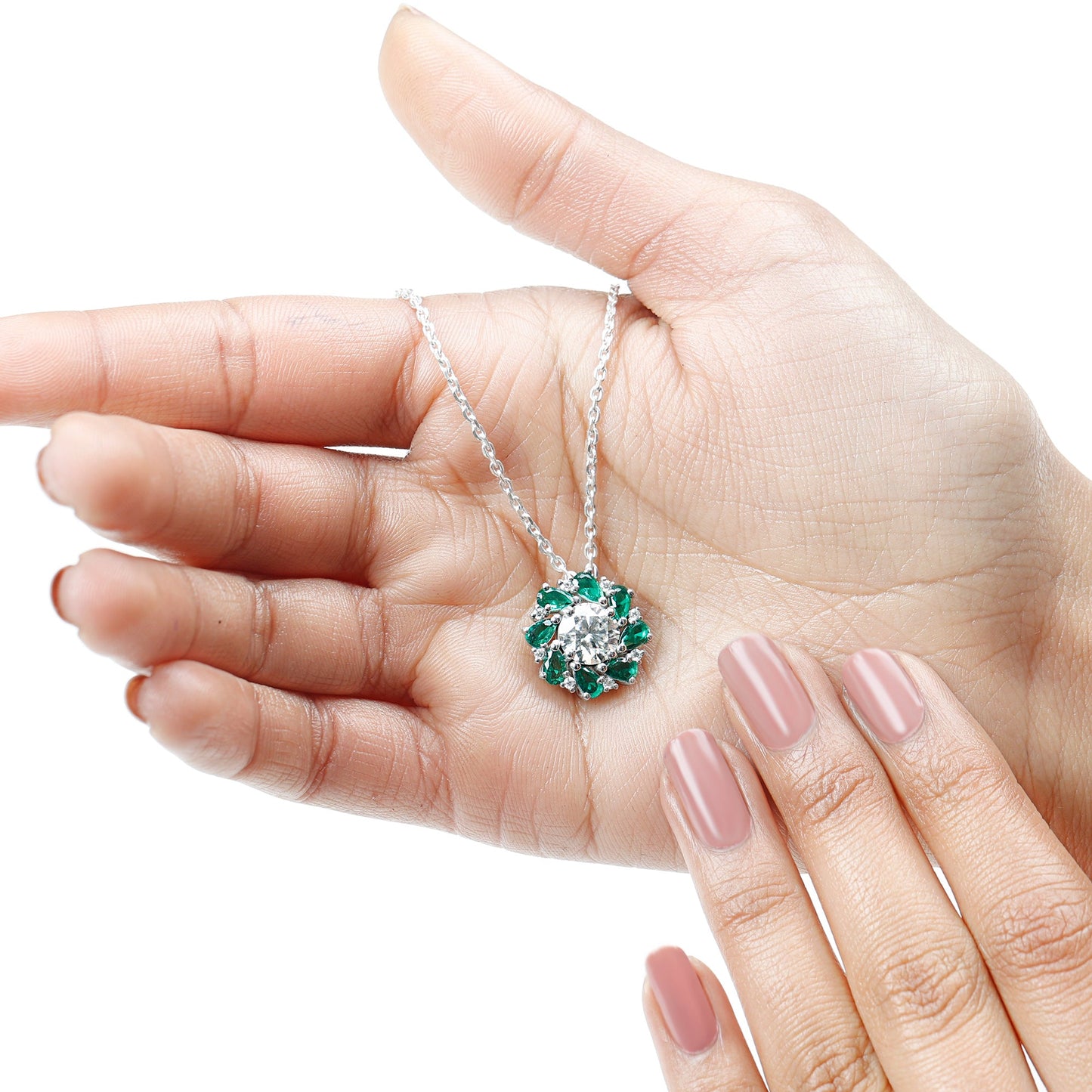 Certified 2 Carat Moissanite and Lab Emerald Flower Necklace in Silver