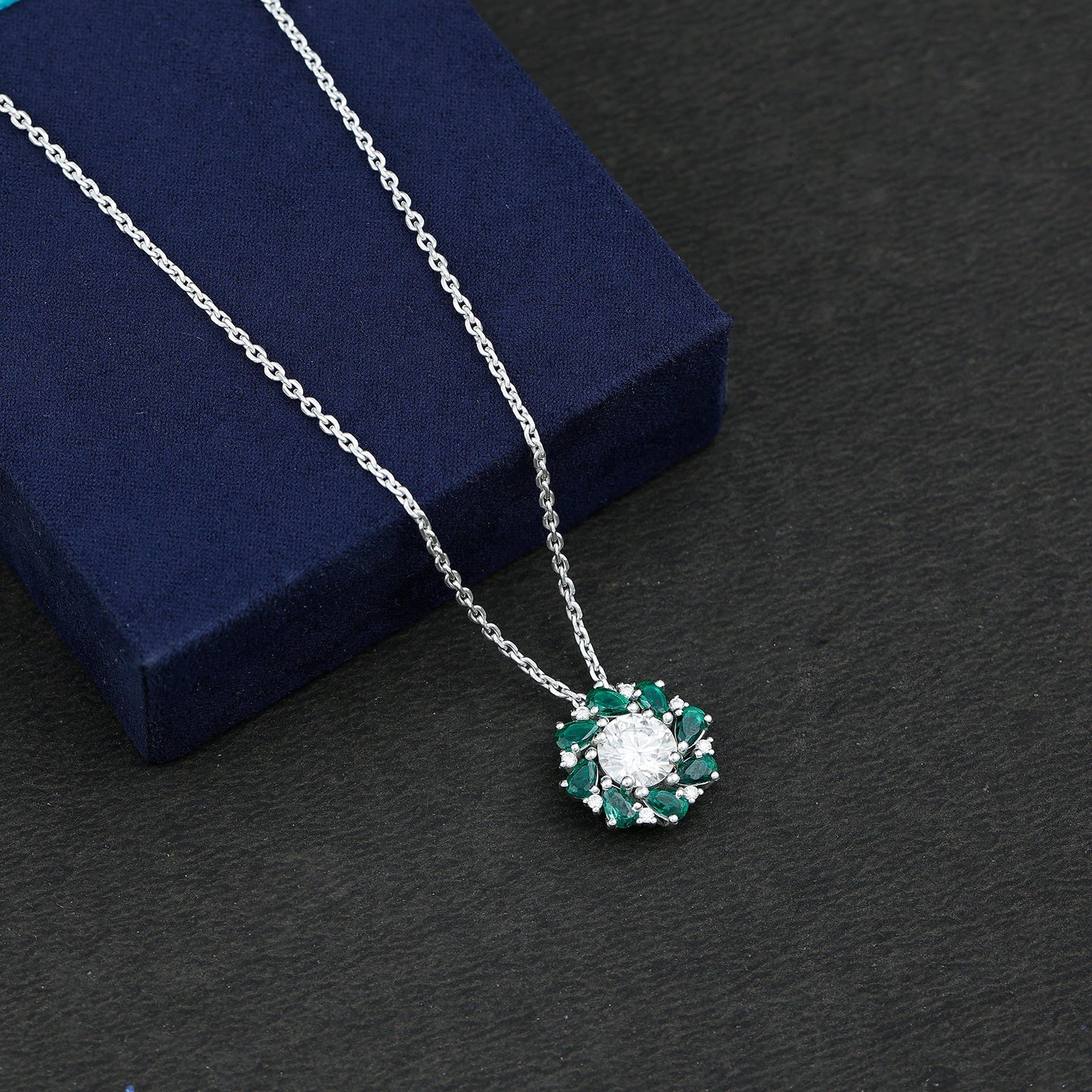 Certified 2 Carat Moissanite and Lab Emerald Flower Necklace in Silver