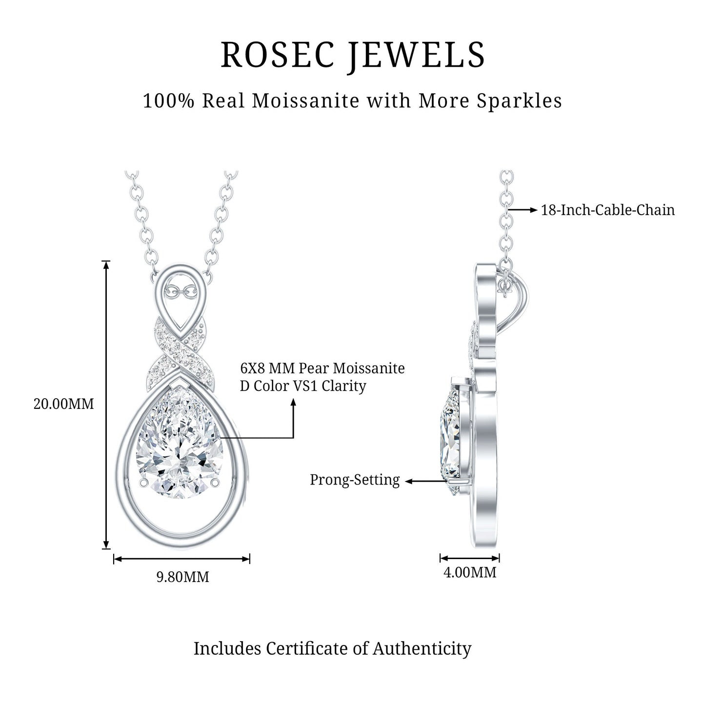 Certified 1.3 Carat Moissanite Bridal Drop Necklace with Silver Chain
