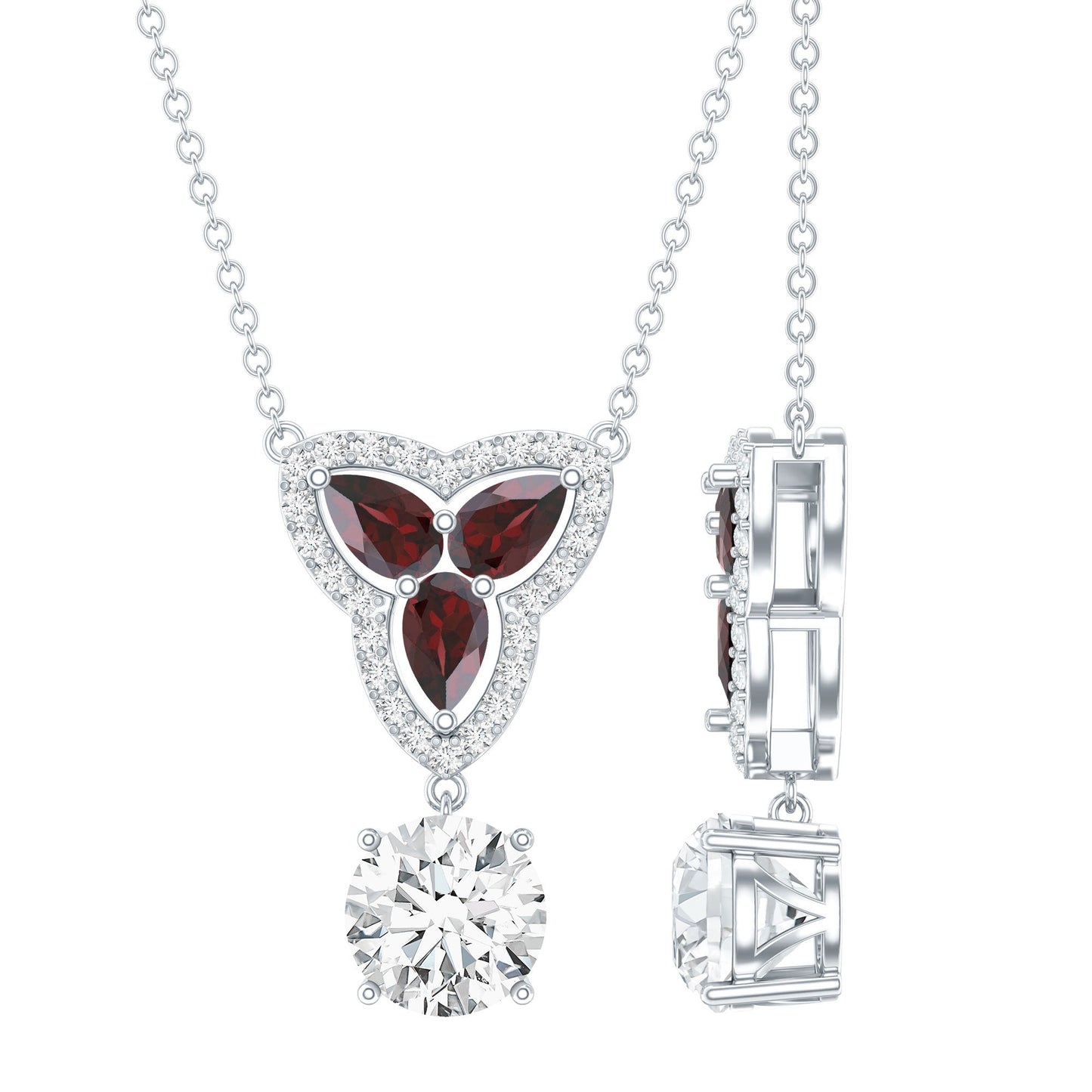 Certified Moissanite and Garnet Designer Bridal Necklace in Silver