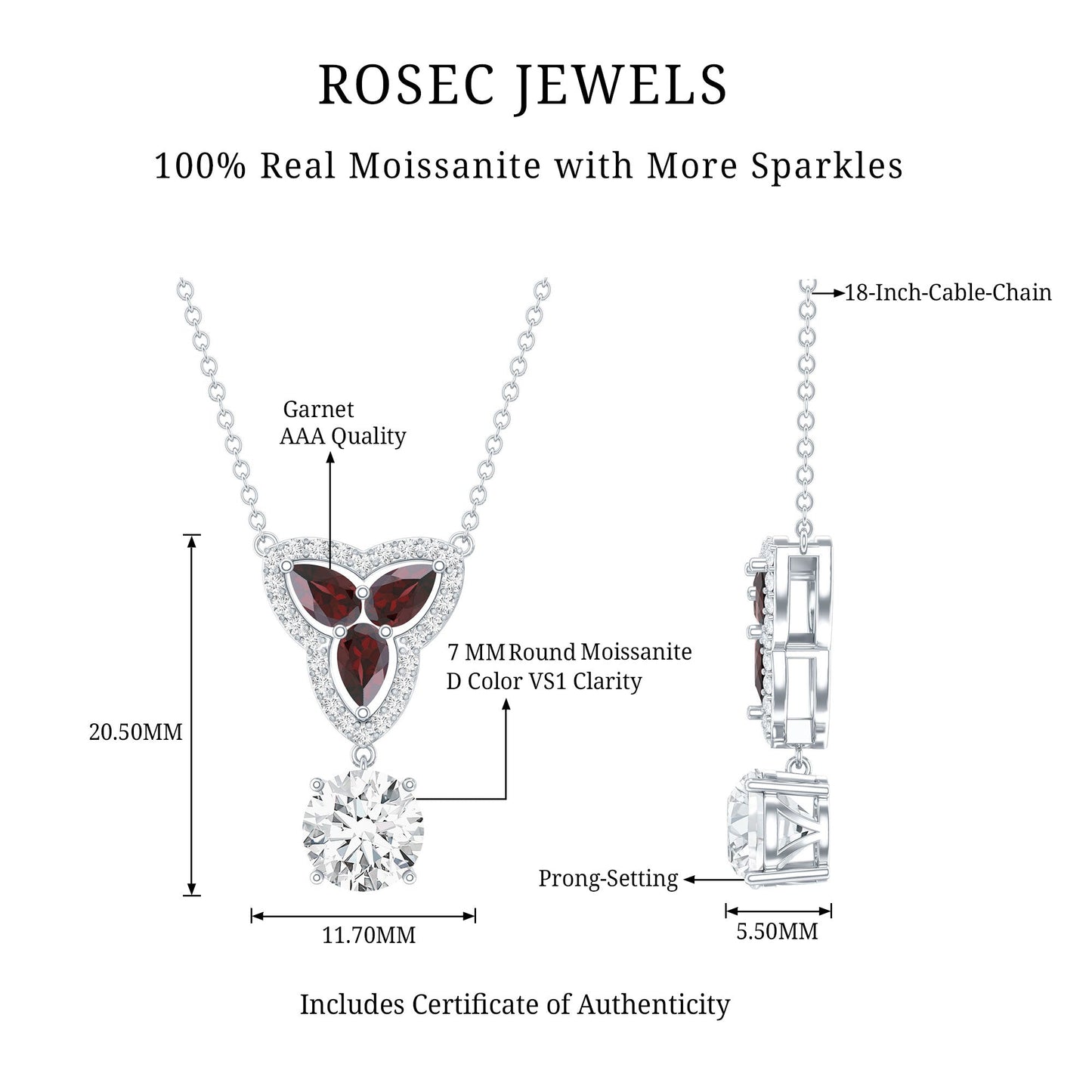 Certified Moissanite and Garnet Designer Bridal Necklace in Silver